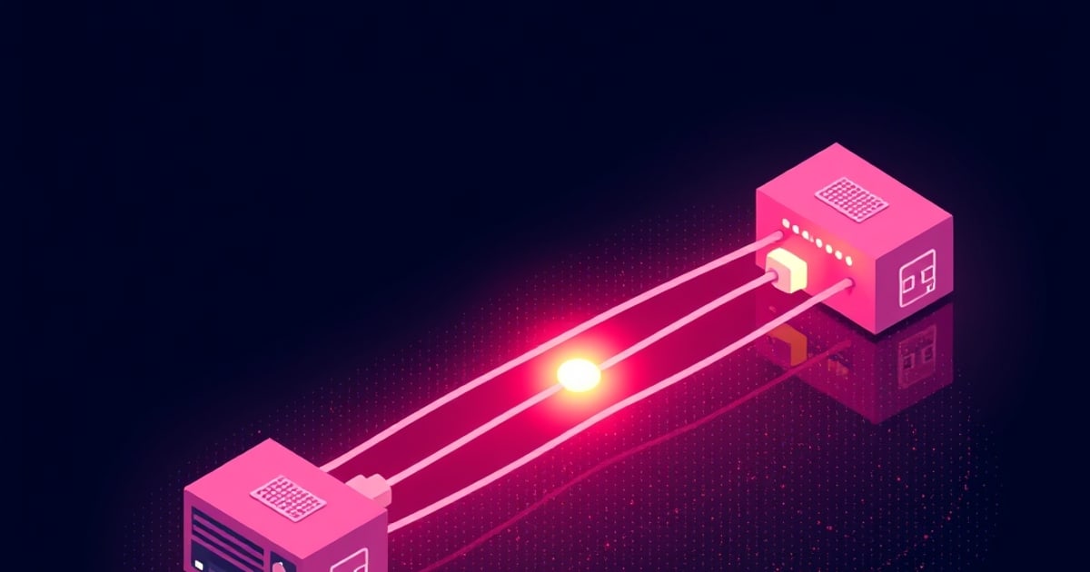 Two glowing pink isometric server boxes joined by three neon cables on a dark background, with a bright light pulse midway suggesting a VPN tunnel link