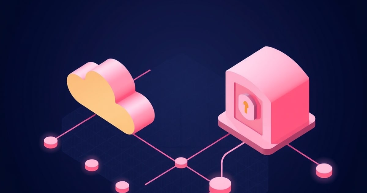 Flat isometric illustration of a pink and yellow cloud linked by glowing lines to a rounded pink cabinet holding a gold padlock, with node dots below.