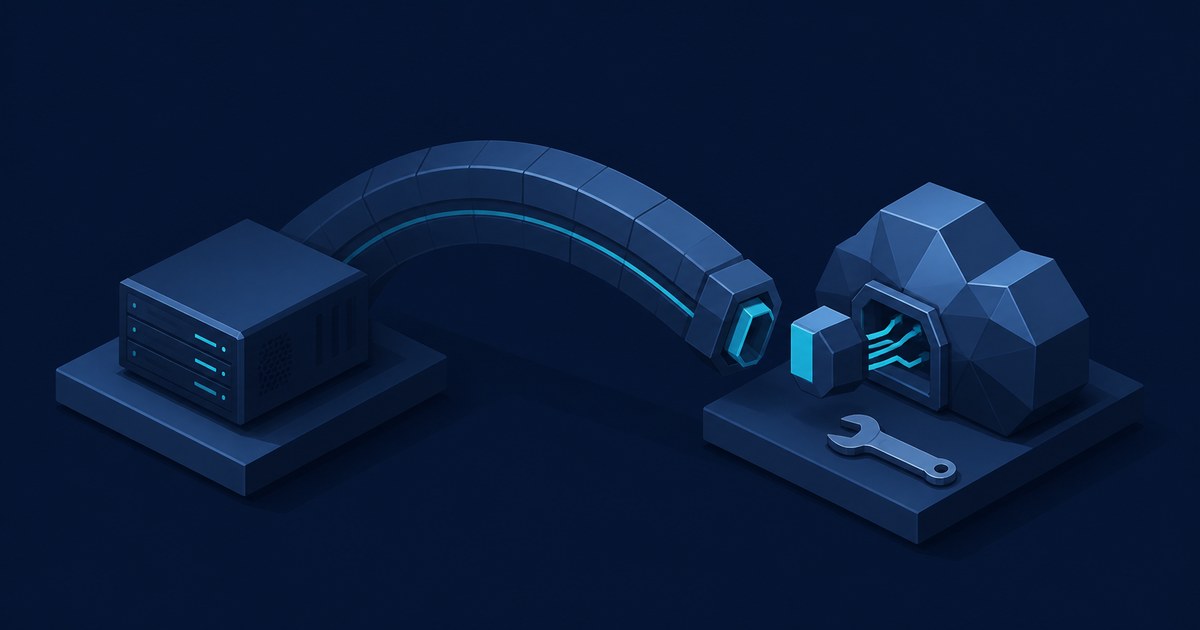 Isometric server with a segmented tunnel pipe arcing toward a low-poly cloud, its plug stopping short of the cloud's socket beside a wrench.