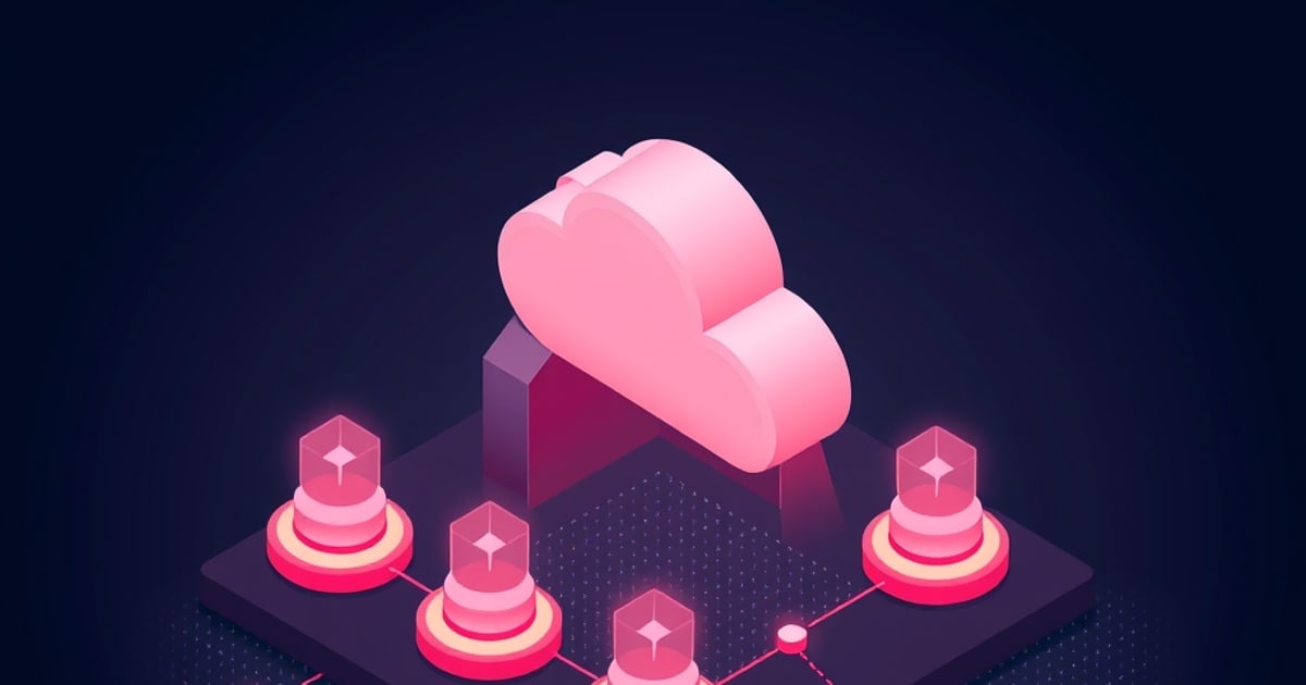 Flat isometric illustration of a large pink cloud on a dark platform above four glowing pedestals holding faceted pink gem cubes joined by faint lines.
