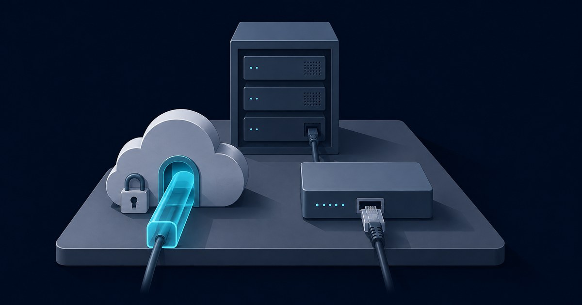 A glowing cable exits a locked cloud beside a server rack and wired network box, visualizing secure tunneling versus direct access.