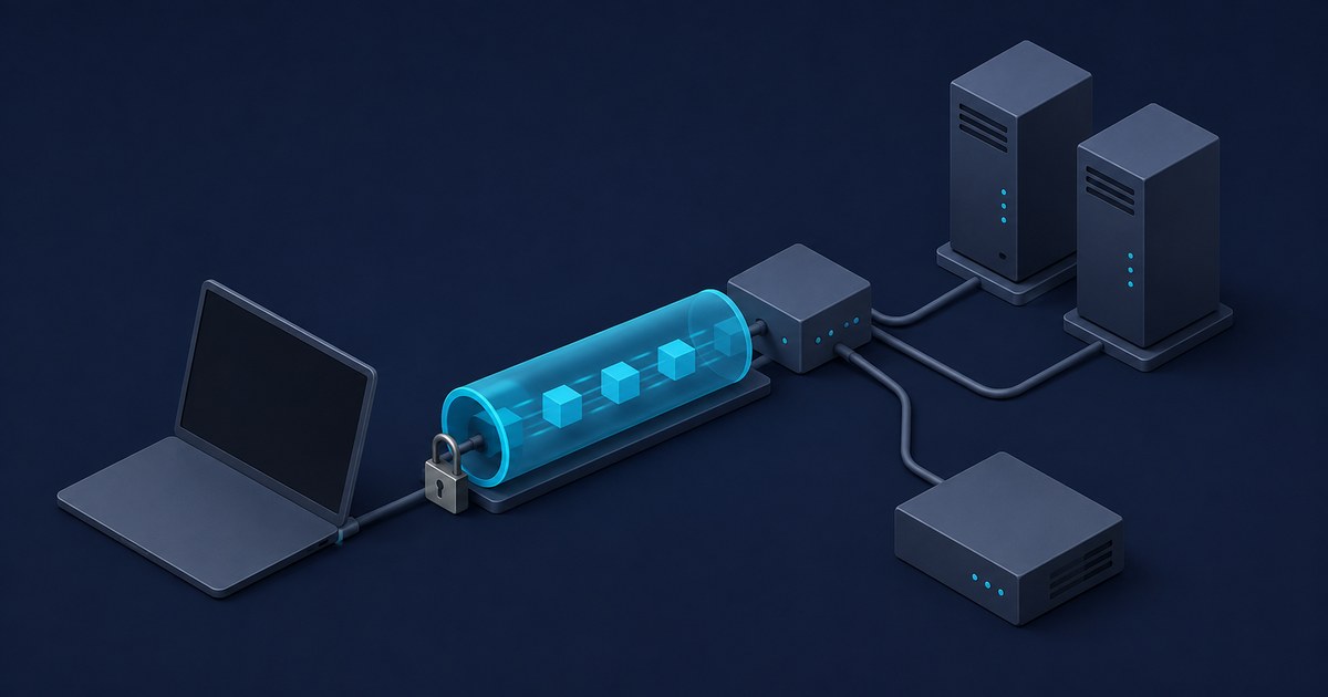 Isometric laptop sends data cubes through a locked cyan tunnel to connected servers, visualizing secure routing by a network client.