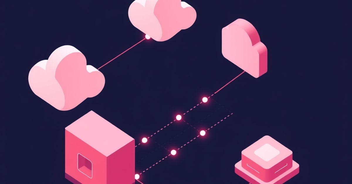 Isometric pink clouds linked by glowing lines and dashed paths to a server box and a stacked device on a dark navy background, suggesting a broken tunnel link