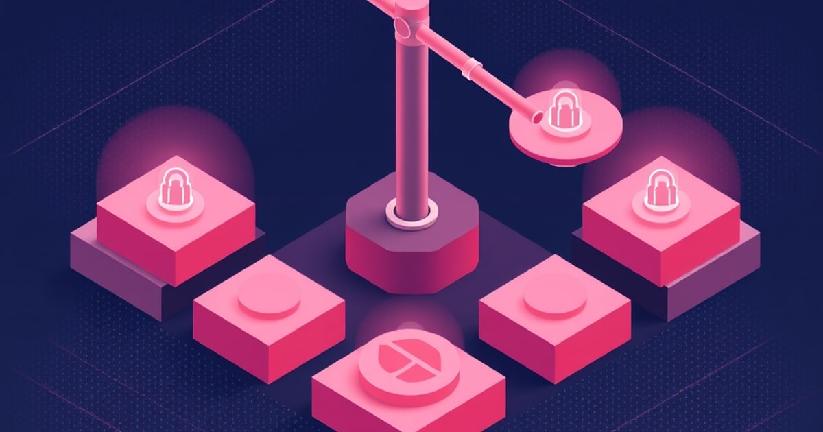 Flat isometric illustration of a pink balance arm on a hexagonal base, ringed by raised tiles bearing glowing padlocks and one crossed-out circle icon.